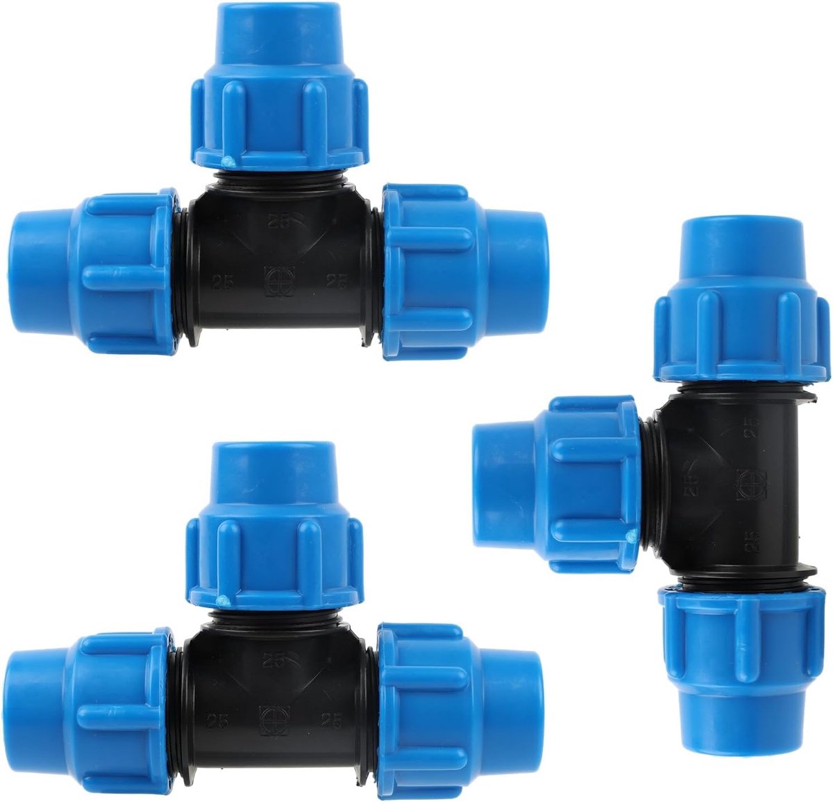 PE buisfitting 25 mm x 25 mm x 25 mm - hoogwaardige schroefverbinding robuuste klemconnector voor PE80 en PE100 buizen - verpakking van 3 waterleidingsverbinders, waterbuisverbinding en