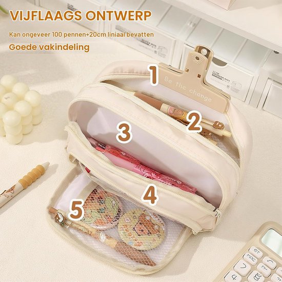 Etui met 3 vakken, groot, met geodriehoek, XXL volume Oxford-stof (21 x 7 cm), voor school, studie, kantoor, professionele organizer met netvak en pennenlussen, jongens, meisjes — afbeelding 5