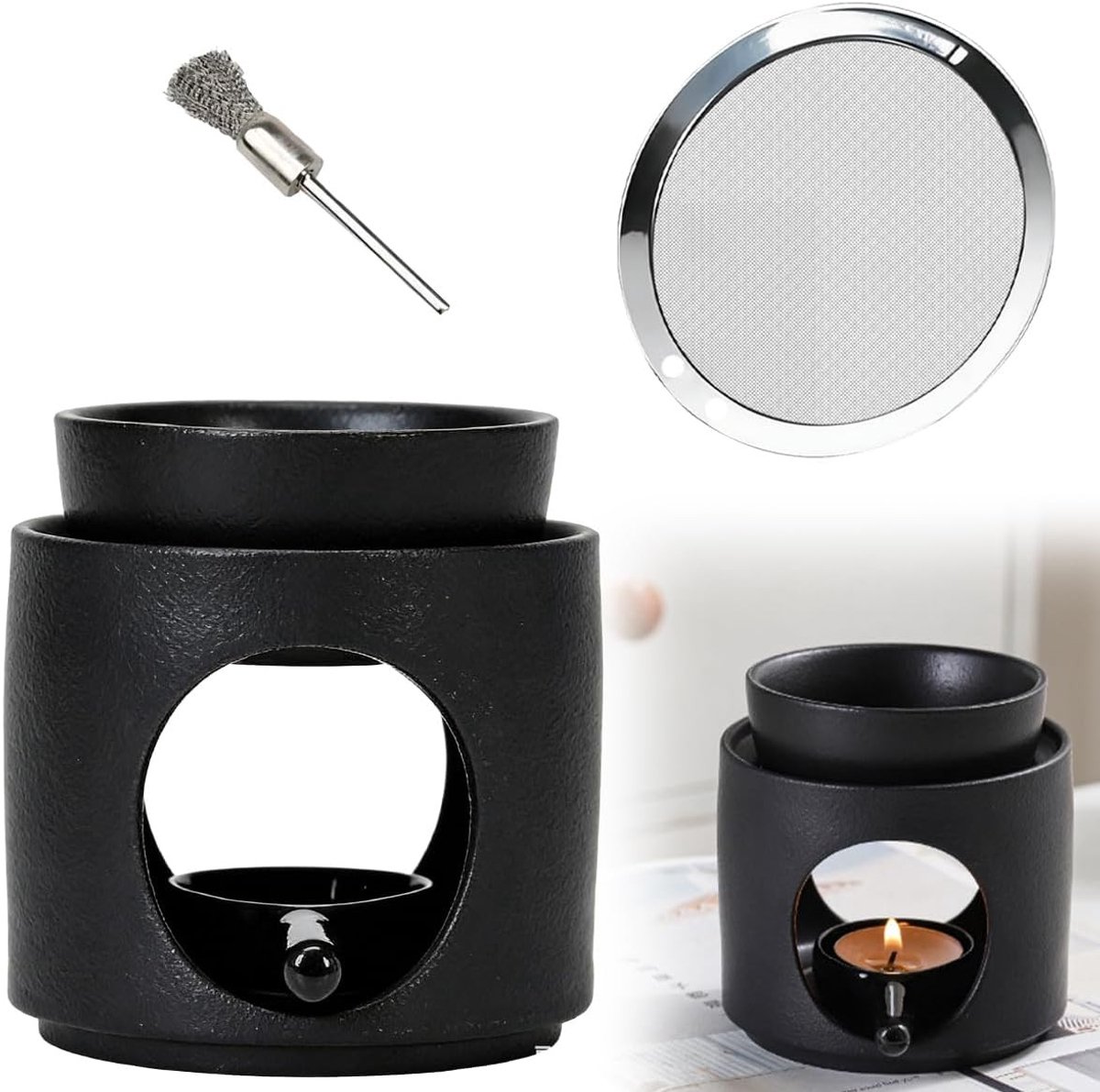 Geurlamp - Zwart - 100 ml - Keramische Wierookbrander met Zeef en Schaal - Voor Etherische Oliën