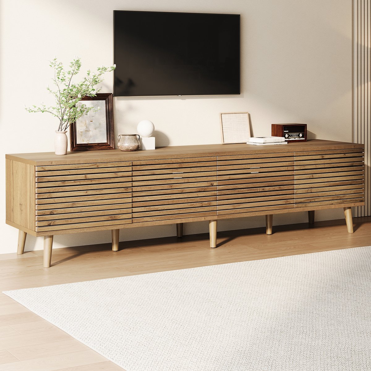 MODFU TV-Meubel - 4 Deuren En Kabeldoorvoer - Lamellendesign - MDF - Naturel - 180x40x46 Cm