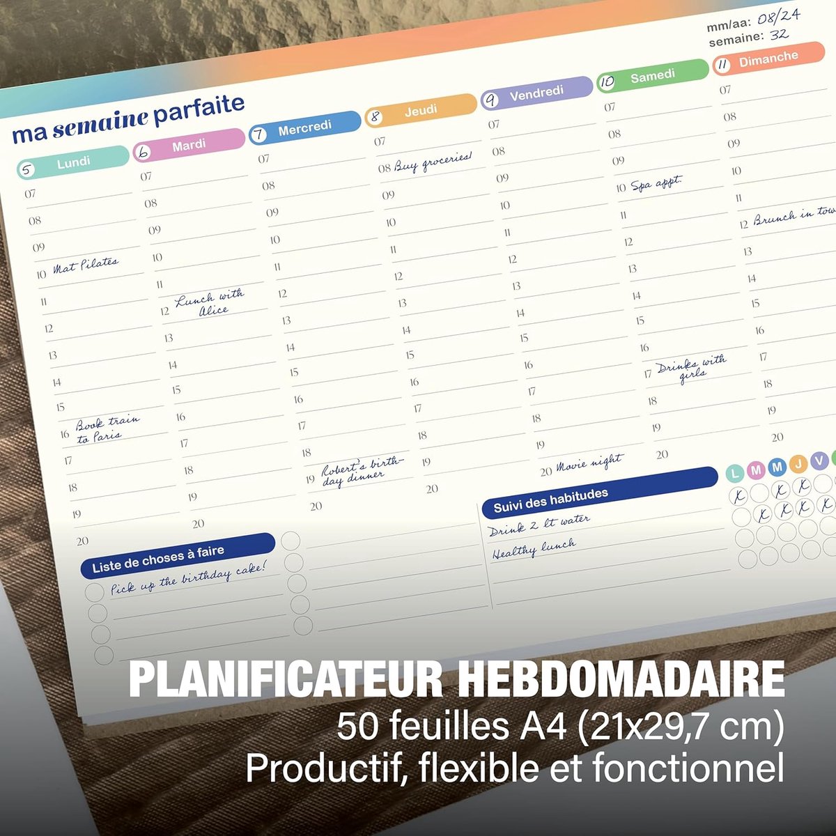 SnelShoppen - 50 Vellen A4 Weekplanner Desk Pad - Flexibele Planner zonder Datum - Taaklijst, Gewoonte Tracker voor Thuis, School en Kantoor - Frans 2
