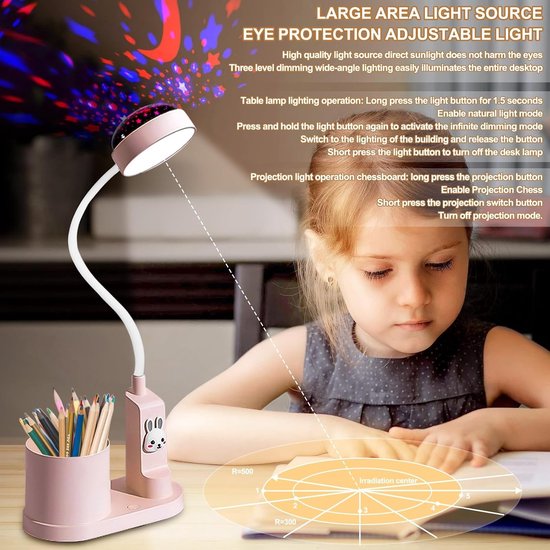 Dimbare LED Tafel Lamp voor Kinderen met Penhouder en Sterrenprojectie, Oplaadbare Leeslamp met 360° Verstelbare Hals in Roze — afbeelding 4
