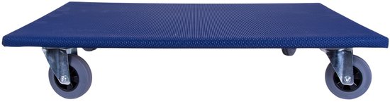 Rechthoekige blauwe meubelroller met antislip profiel en vier grijze wielen.