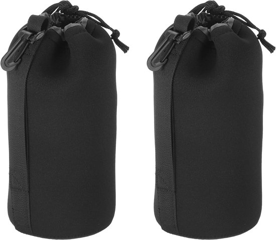 Set van twee zwarte neopreen lenshouders met verstelbare trekkoordsluiting en clip.