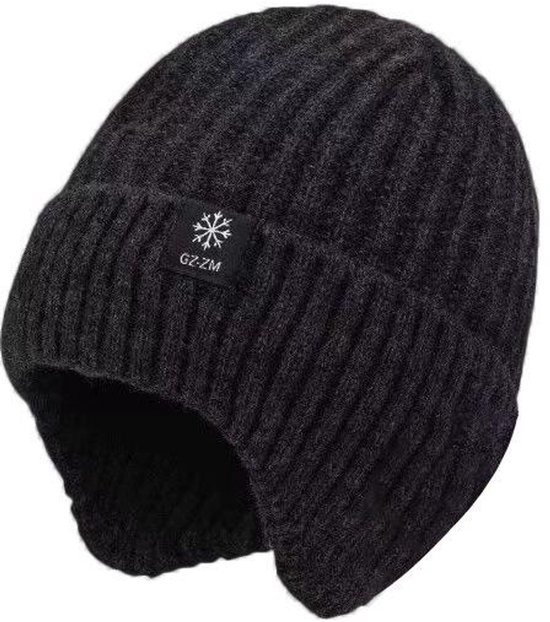 Wintermuts, Unisex, Gebreide Muts Met Thermische Fleecevoering, Warme Wintergebreide Muts Met Oorflappen (Zwart)
