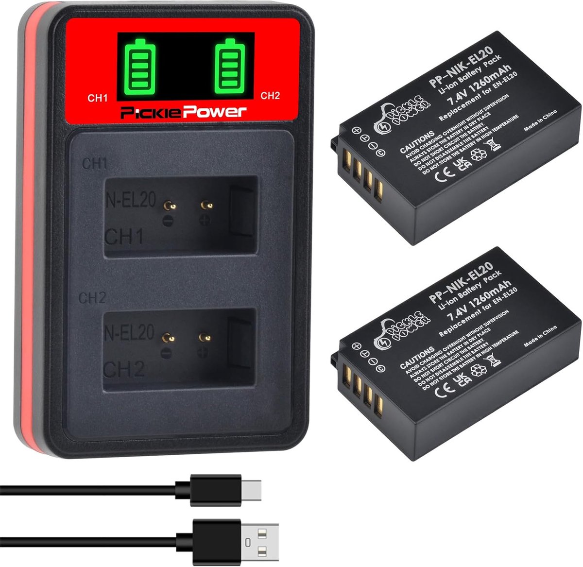 SnelShoppen - 2x EN-EL20 EN-EL20a Batterij met LED USB Oplader voor Coolpix P1000, P950, DL24-500, A, 1 AW1, 1 J1, 1 J2, 1 J3, 1 S1, 1 V3 Camera - Lan