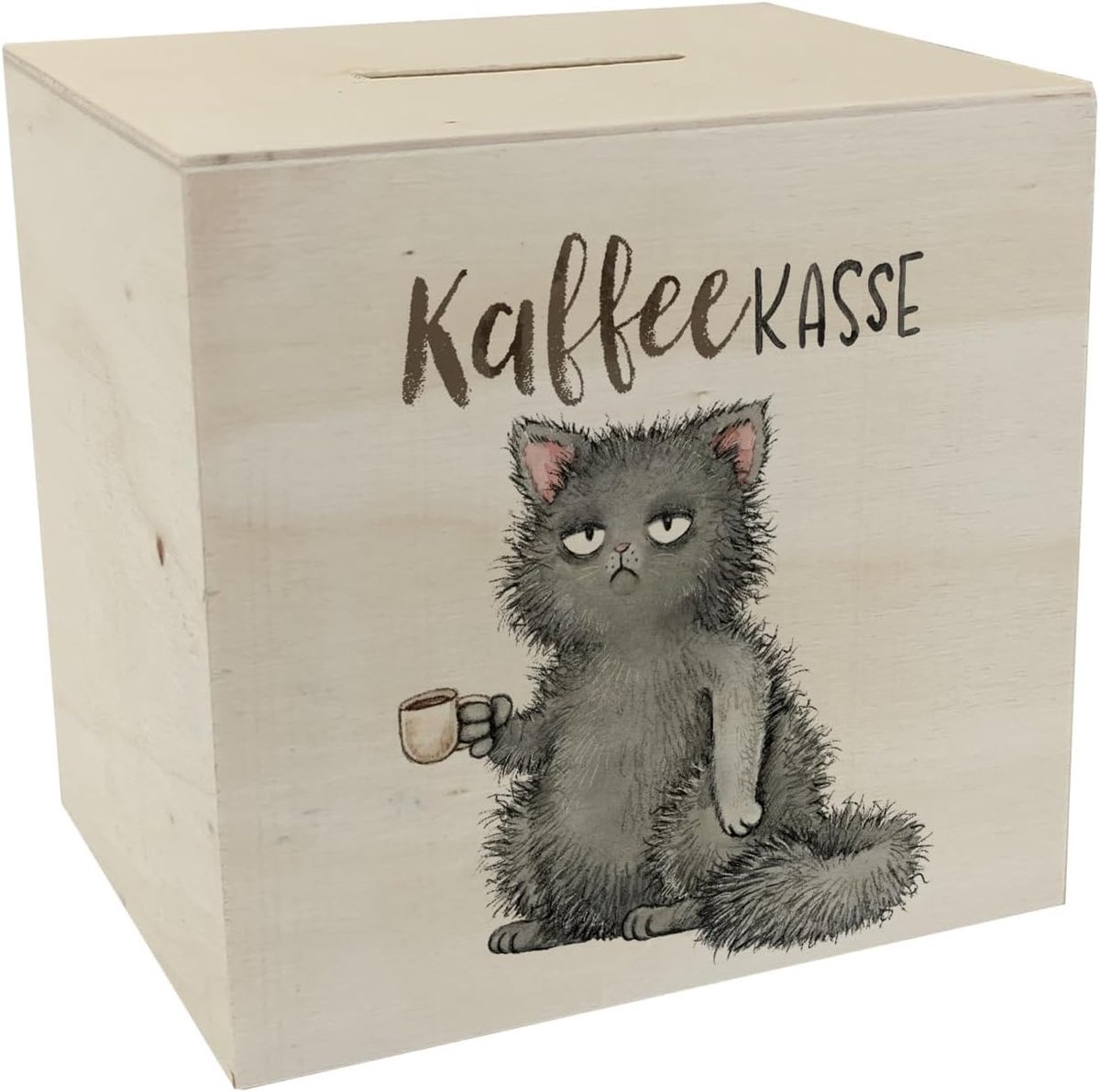 Spaarpot met kat en kopje en de tekst "koffiefonds". Een decoratieve spaarpot voor kattenbezitters, grappig "koffiefonds" voor mannen, verjaardag, chagrijnig, spaarpot voor huisdieren.