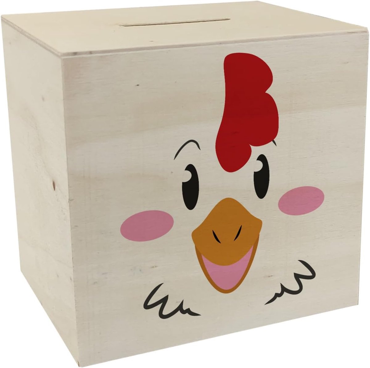 Spaarpot van hout met een schattig kippengezichtje - een leuk cadeau-idee voor kleine kinderen om hun zakgeld te bewaren in een speciaal spaarpotje met een dierengezichtje.