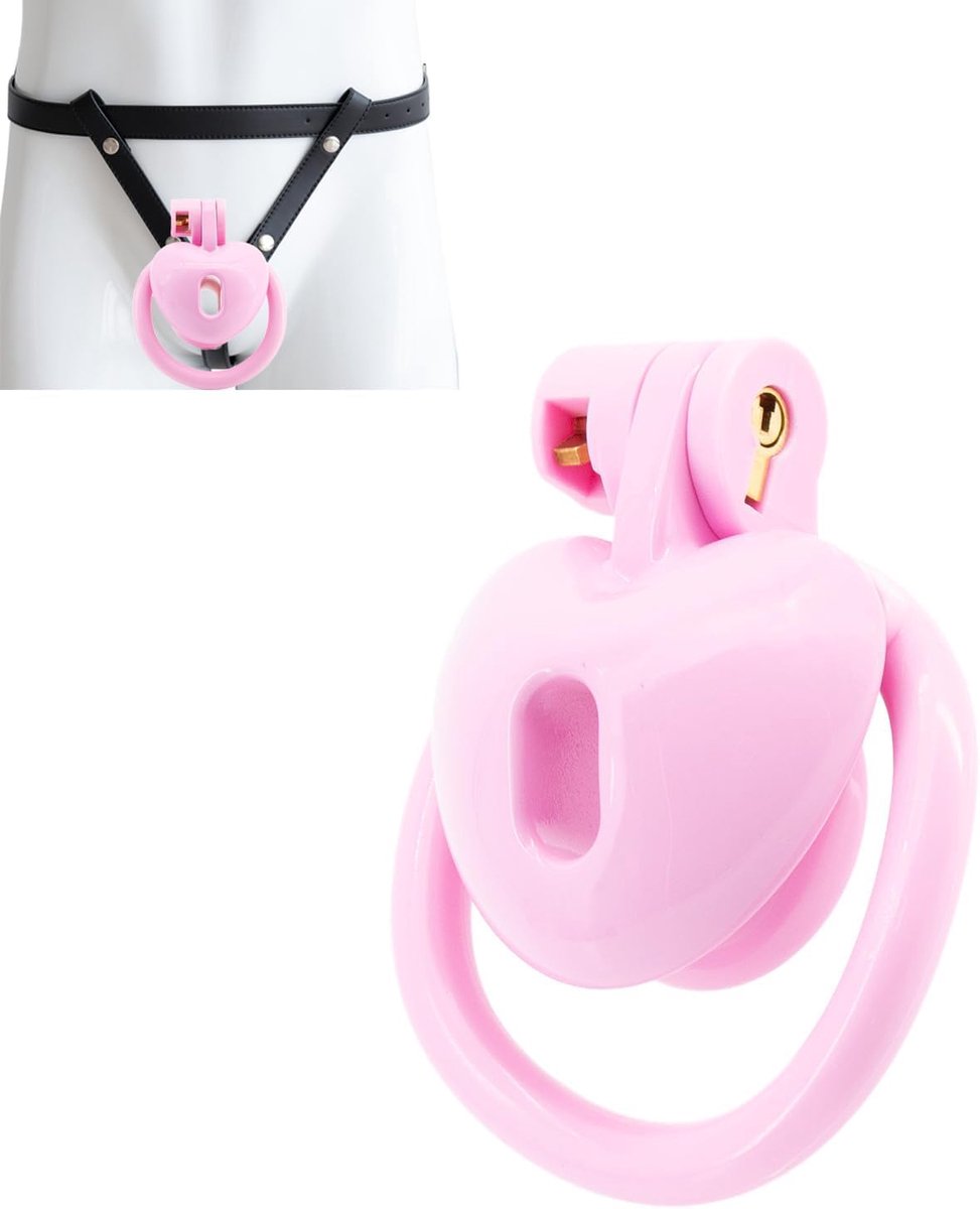 Kuisheidskooi met drieweg leren riem en 4 penisringen Hartvormige kuisheidsapparaten voor mannen Set seksspeeltjes voor volwassenen voor mannen Penis slaaf bondage (Pink,S)