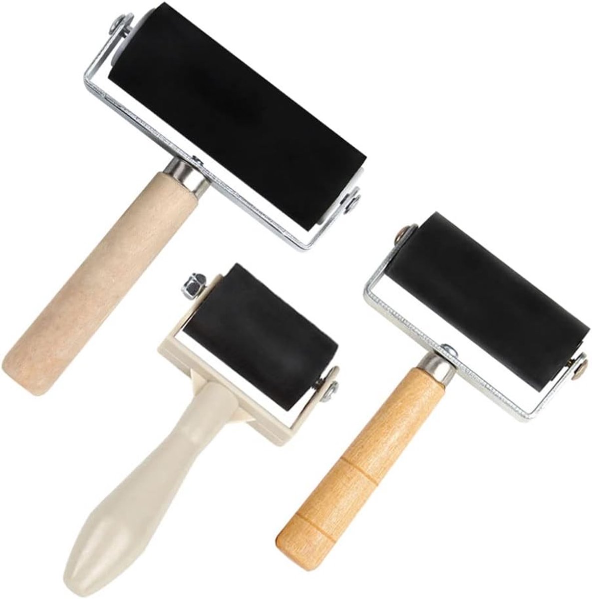 Roller, 3 stuks linolverfroller met handgreep, aandrukkroller, rubberen roller met handvat, rubberen roller, aandrukroller, knutselen, rubberen roller, linolroller voor printen, kunsthandwerk, behang