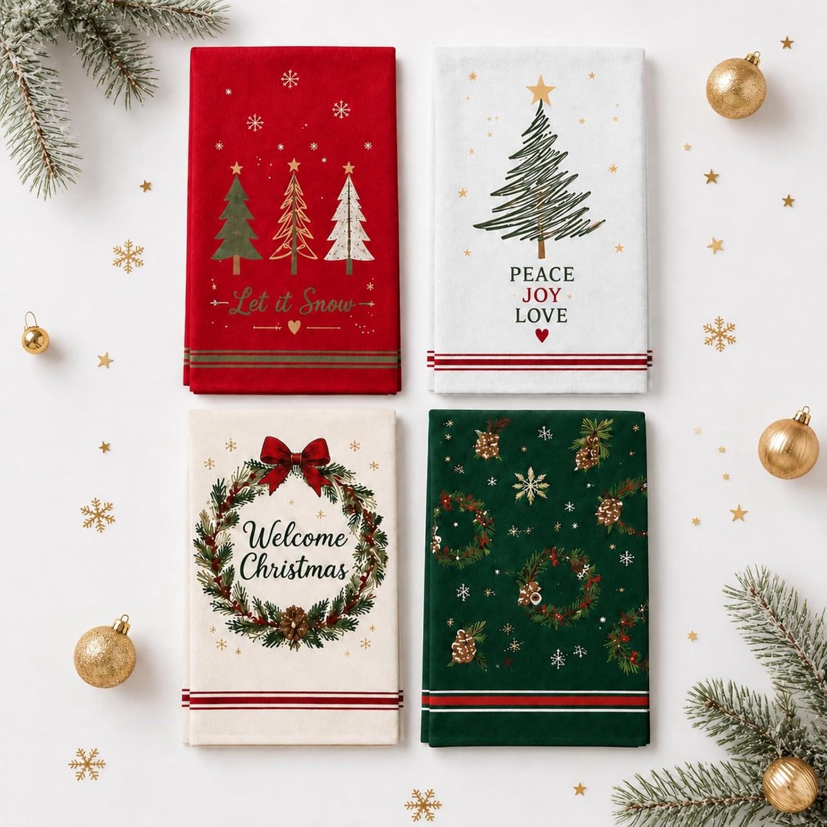 Theedoeken Kerstmis, set van 4 met kerstmotieven voor de keuken