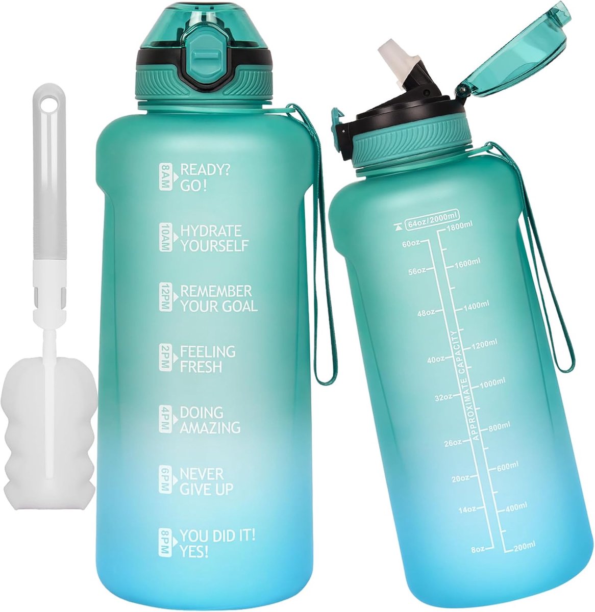 2 l/2 liter Tritan sportdrinkfles met rietje en tijdmarkering, 2000 ml, grote BPA-vrije waterfles voor fitness, sportschool, wandelen, reizen