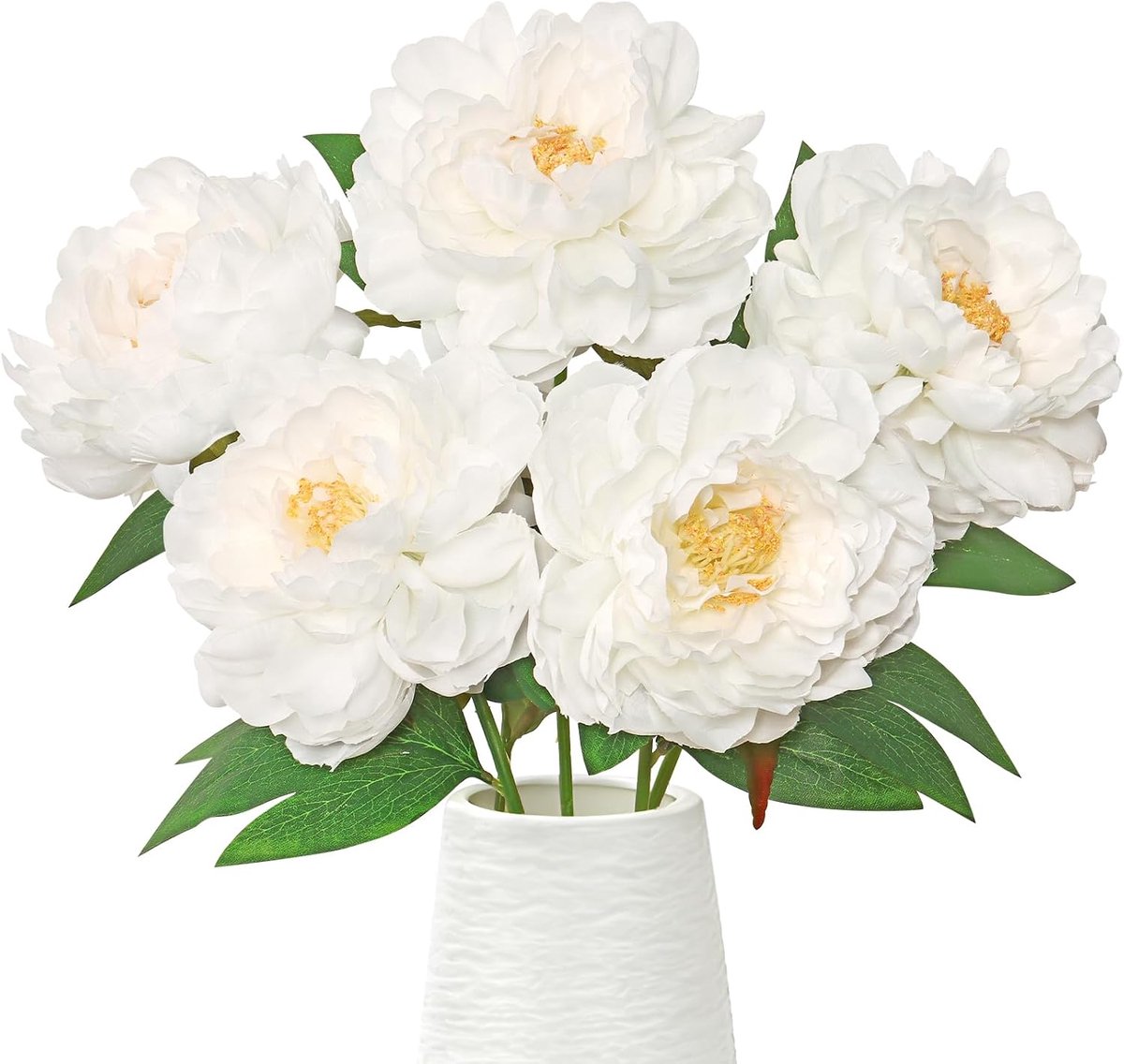 Kunstbloemen, net echt 41 cm, witte zijde, pioenrozen, kunstbloemen, namaakpioenrozen met stelen, bladeren voor vazen, arrangementen bruiloftsboeketten, tafels, decoratie