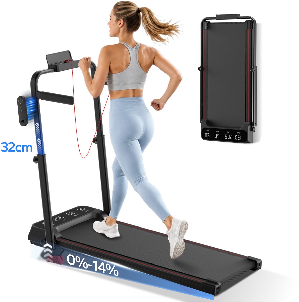 PULSE360 Loopband Inklapbaar - 14% Helling & 2‑in‑1 Design Hardlopen/Wandelen Wandelband- Verstelbare Handgreep, LED‑display, telefoonhouder, 2 maansvormige schokdempers en aanpasbare doelprogramma's - Max 135kg - Thuisfitness