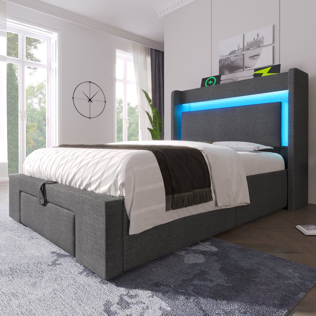 WUVRIE Bed 90x200 cm met matras, hydraulische opbergruimte, LED, USB en USB-C, grijs