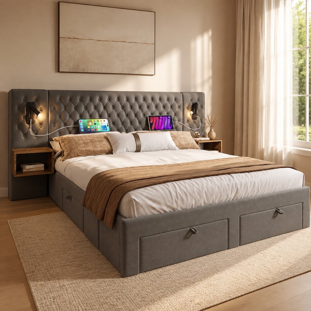 WUVRIE Tweepersoonsbed 160x200 cm met 2 nachtkastjes, 4 lades, leeslampen en USB-C, grijs