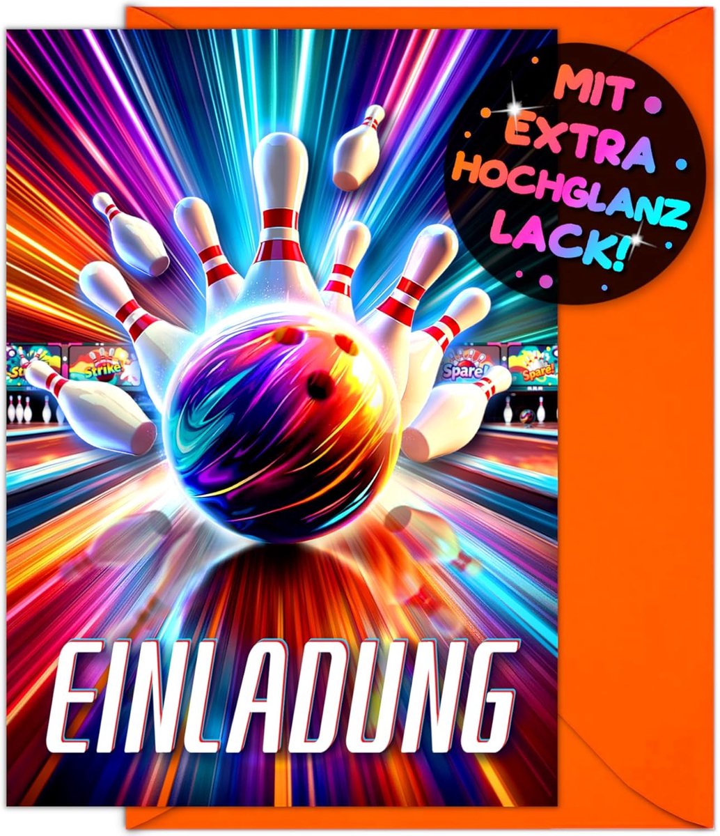 SnelShoppen - 12 x Bowling Uitnodigingskaarten voor Kinderen met Enveloppen - Kegelbaan Partykaarten voor Verjaardag, Feest, Jongens en Meisjes, Oranj