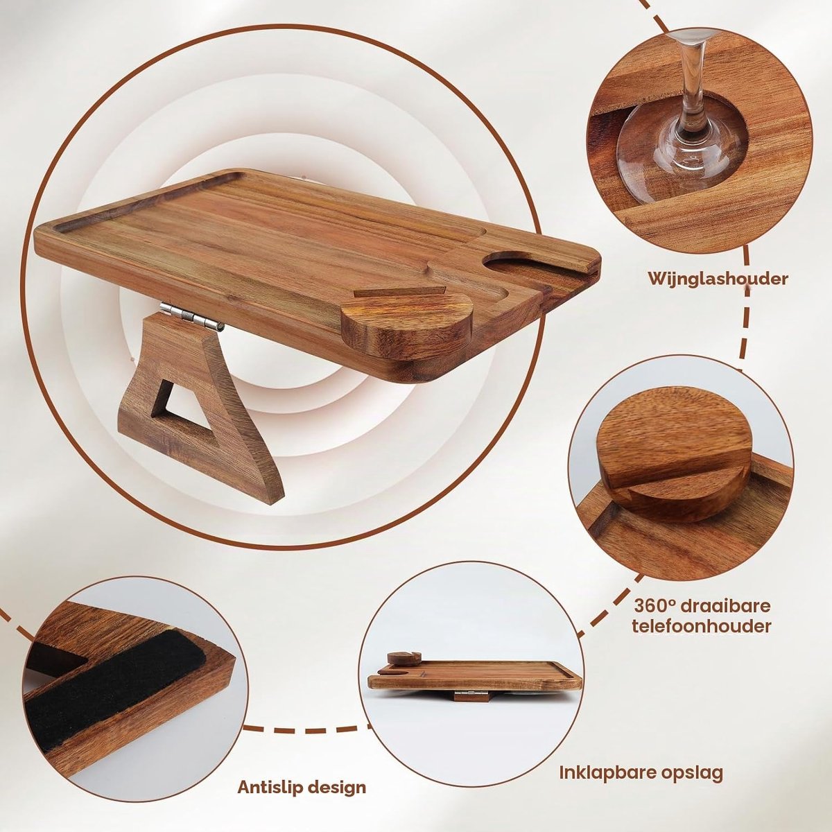 Bank Arm Dienblad, Acacia Hout Clip On Sofa Armleuning Tafel met Wijnglas Houder, Opvouwbare Fauteuil Tray met 360 ° gedraaide telefoonhouder, Bankleuning tafel voor Snack Afstandsbediening — cadeau in Kookcadeaus - foto 6
