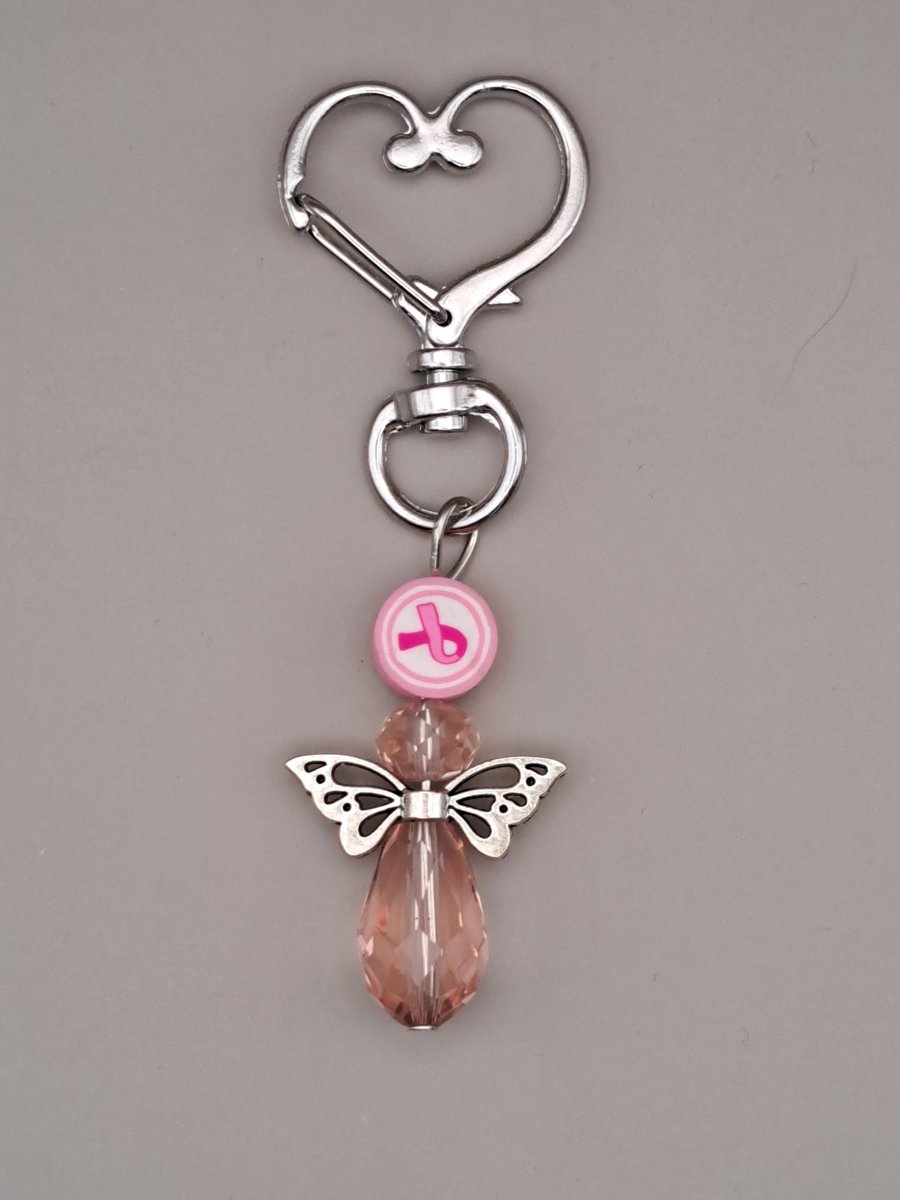 Sleutelhanger Geluksengel met roze lintje - Pink Ribbon hangertje - Borstkanker Bewustheid Lint Sleutelhanger - Tashanger - Cancer - Hoop - Geluksengeltje - Hartje - Steun Cadeau - een Engeltje voor jou