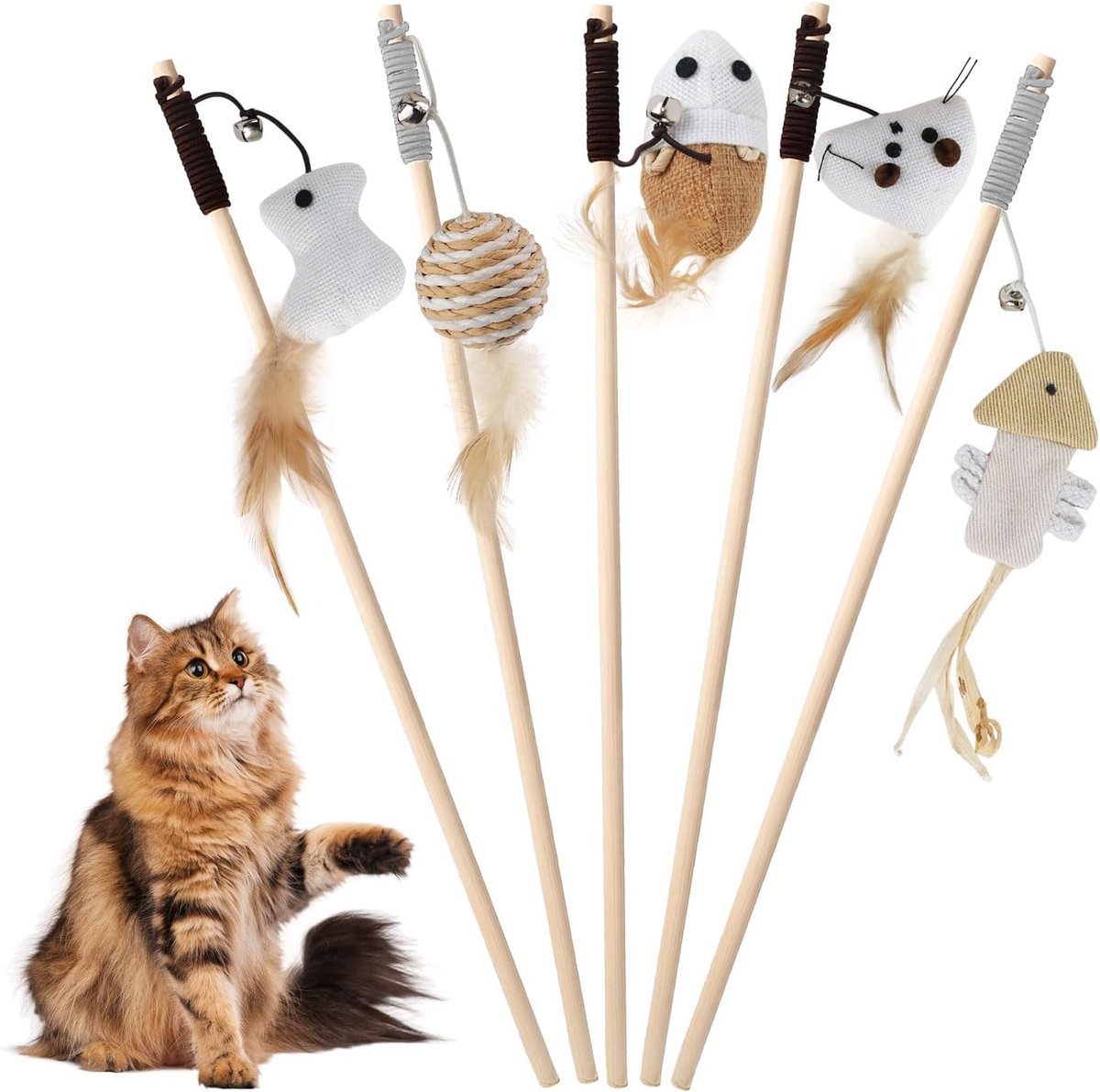 5 stuks interactief kattenspeelgoed met veer en houten handvat