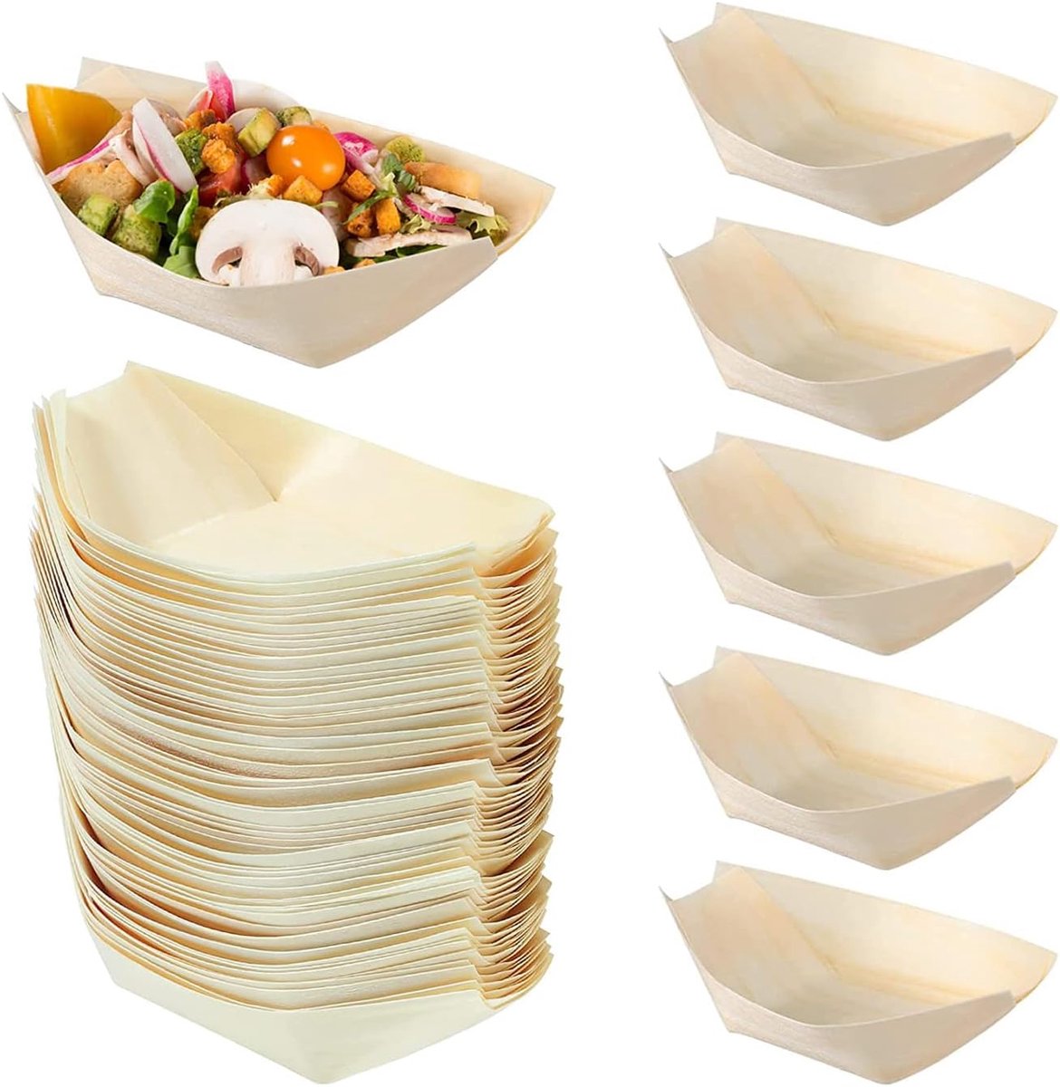 100 stuks bootvormige snackschalen wegwerpbare bamboe kommen voor fingerfood snacks & barbecuefeestjes fingerfood schaal 17 cm houten boot voor snacks verjaardag bruiloft paasfeest