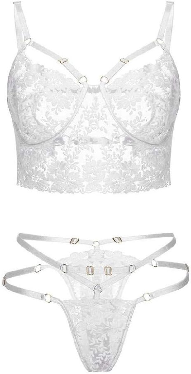 Dameskleding 3 ST Sexy Vrouwen Borduren Lingerie Kanten Beha Beugel String Verleiding Erotische Lingerie Rok Holle Dames Porno Set-White_L