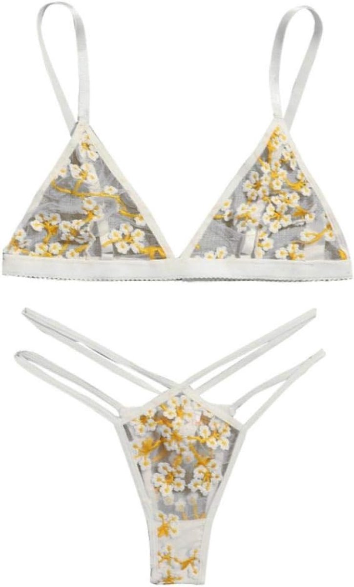 Sexy Lingerie Vrouwen Borduren Kant Bandage Beha String Temptation Ondergoed Erotisch Perspectief Nachtkleding-White_M