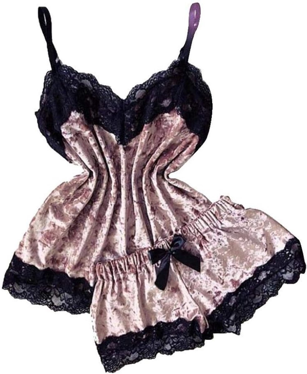 Sexy kanten nachthemd bretels sexy lingerie vrouwen petticoat lingerie pyjamaSexy Lingerie Dames Nachtkleding Satijnen pyjama Set Zwarte kanten pyjama met v-hals Sets-Pink_3XL