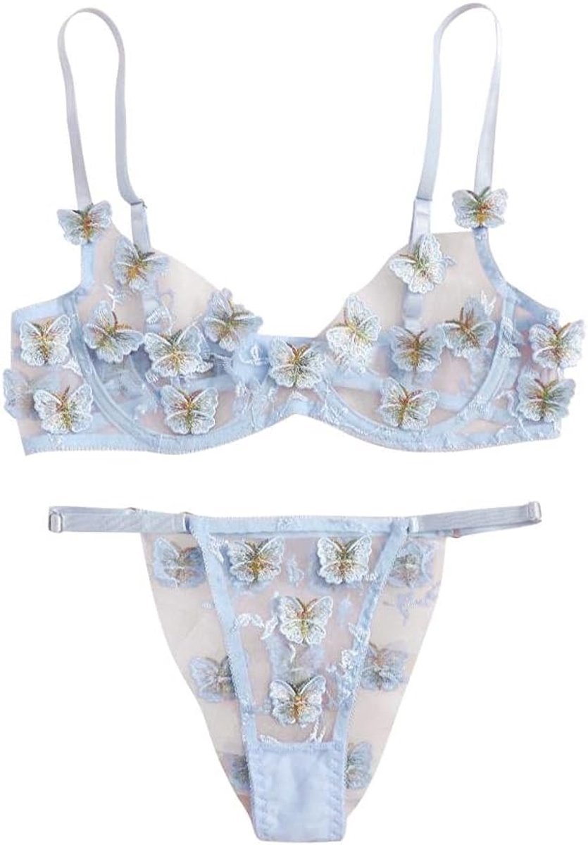 Babydolls, nachtjaponnen & negligés dames Vrouwen transparante kanten sexy lingerie bh string vlinder borduurwerk kleding set-Azul_L