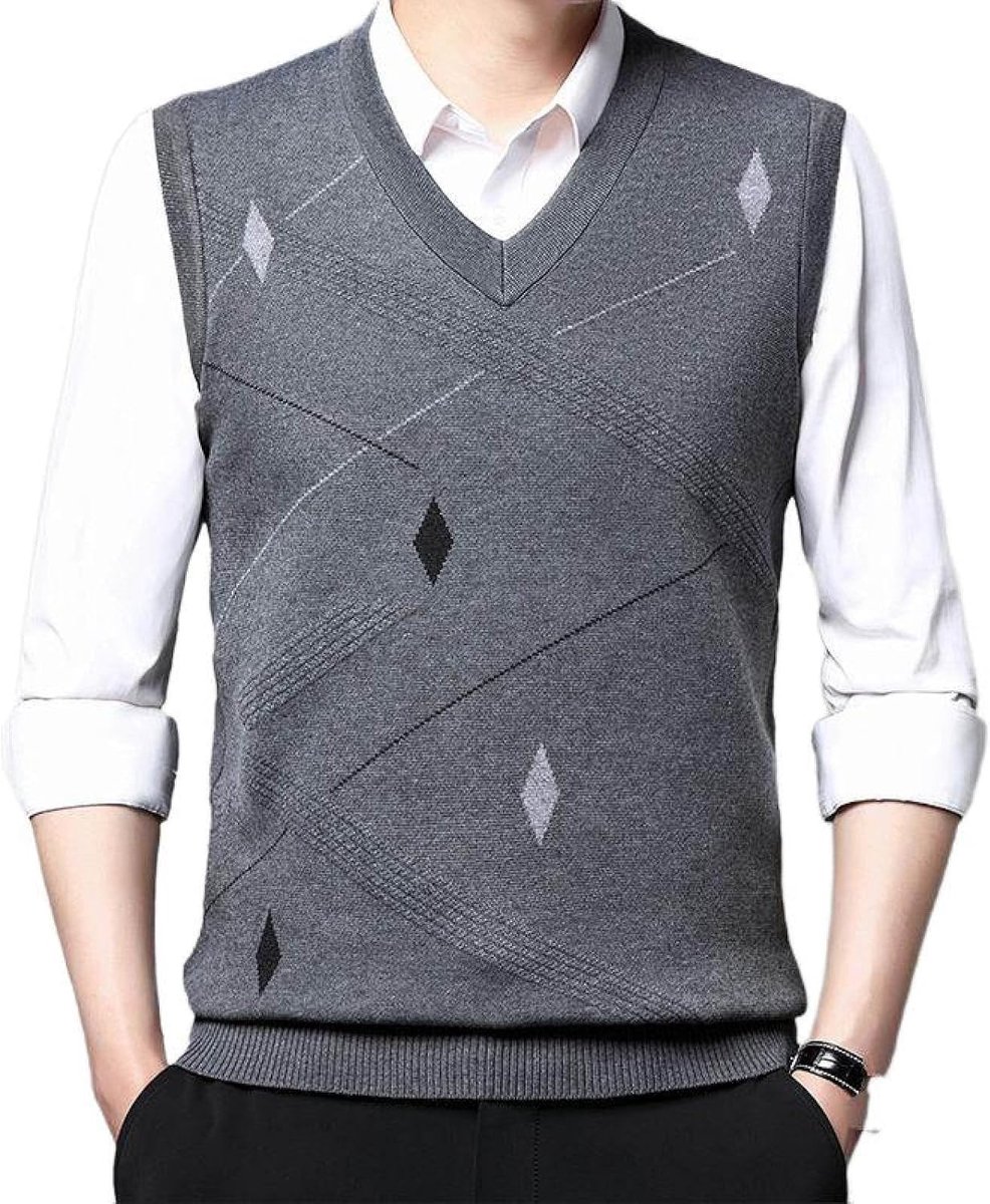 Argyle V-Hals Mouwloze Trui Trui, Herfst En Winter Heren Gebreid Trui Vest, Middelbare Leeftijd Kleur Bijpassende Verdikte Casual Heren Gebreide Trui Tanktops, Lichtgrijs, S