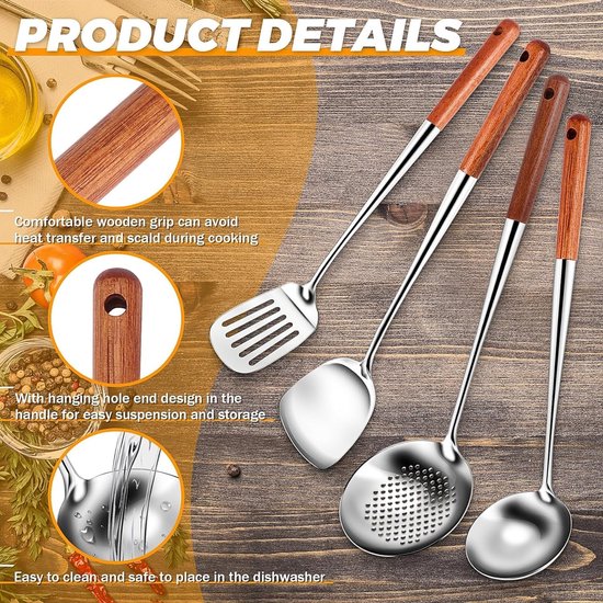 Set van 4 keukenhulpen van roestvrij staal, wokaccessoires met houten handvat, lange spatel, spatel, pollepel, kookgereedschap — afbeelding 5
