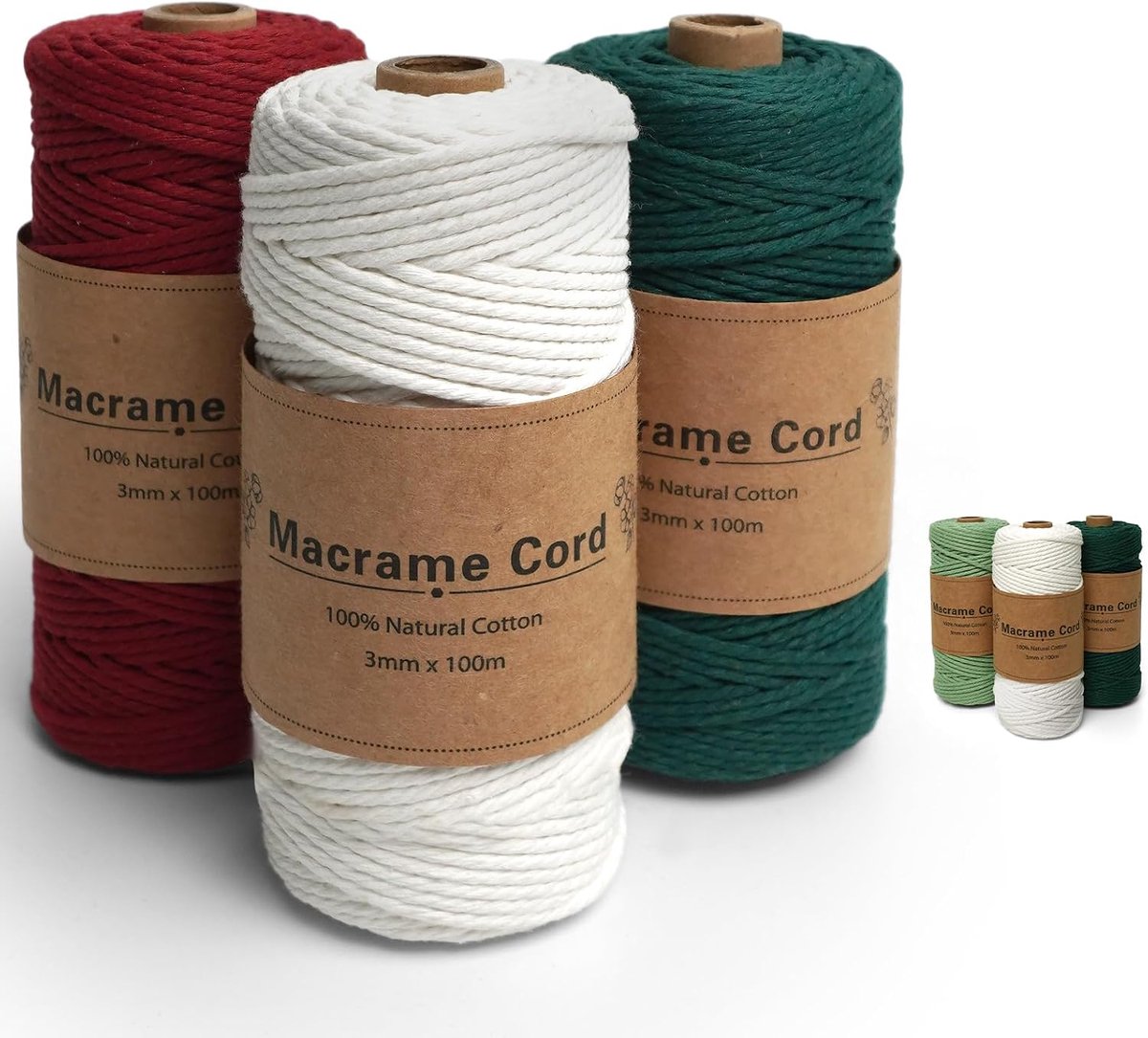 3-delige set, macramégaren, 3 mm x 100 m, natuurlijk katoenen koord voor doe-het-zelf handwerk, Boheemse decoratie, hangplant hangers (natuur, donkergroen, rood)