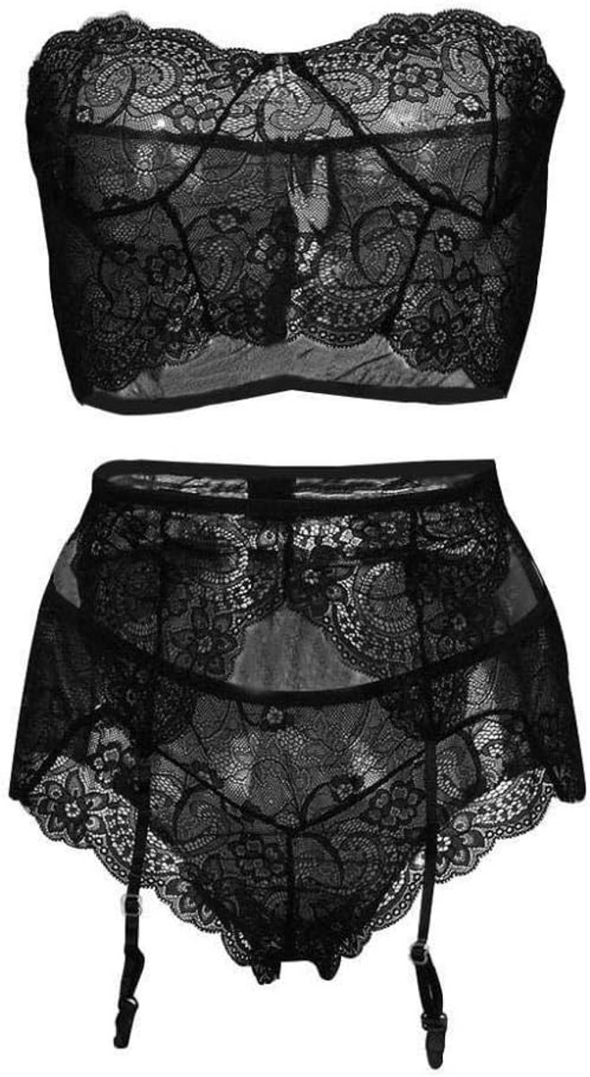 Lingeriesets dames Dames Kanten Lingerie Beha Met Jarretellegordel Ondergoed Set-black_XL