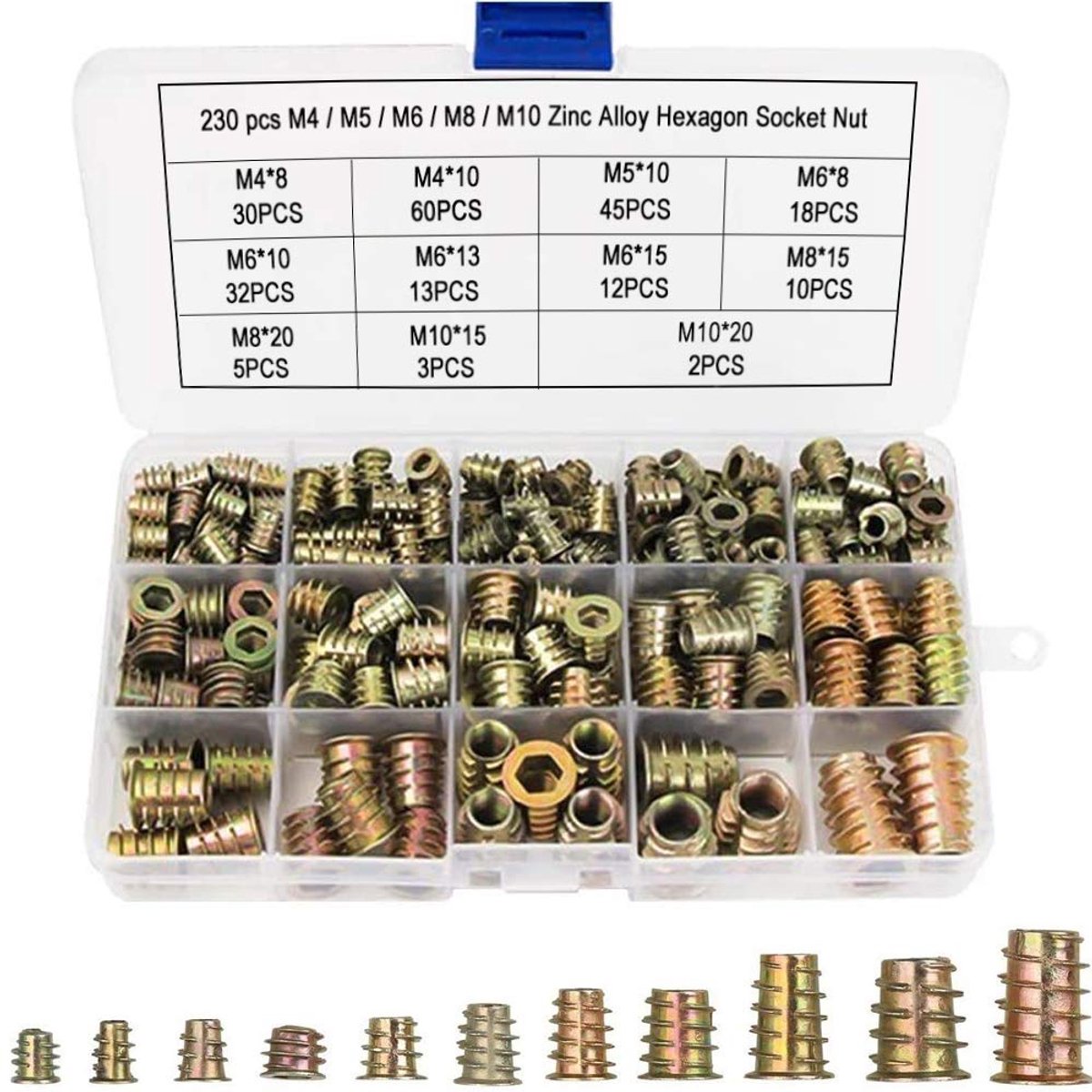 230 stuks inschroefmoeren, set M4, M5, M6, M8, M10, zinklegering, zeskantbinnenmoer met afdekrand, aandrijfmoer, houten inzetstuk, moeren, draadinzet meubel, hex assortiment voor zachthouten meubels