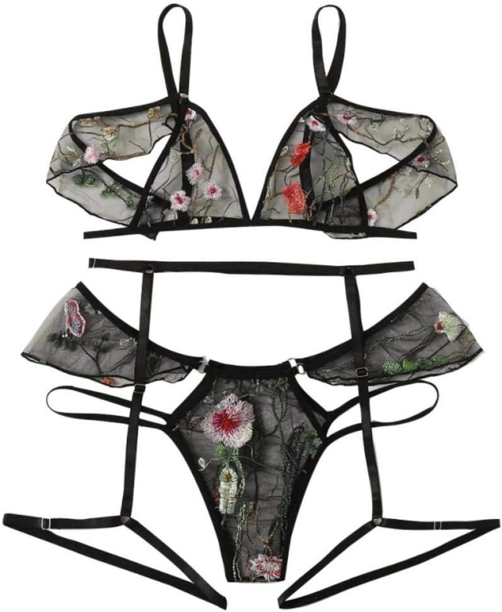 Babydolls, nachtjaponnen & negligés 3 ST Vrouwen Sexy Lingerie Borduren Kanten Beha String Kousenband Verleiding Transparant Ondergoed Erotische Porno Set