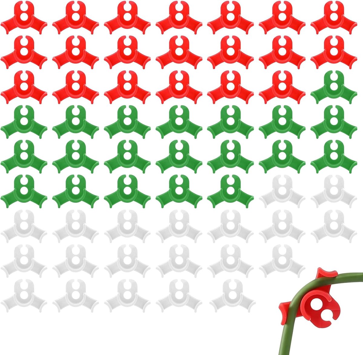 60 stuks plantenclips, rood/groen/wit, lage belasting, plantenklemmen, 3,5 x 2,5 cm, praktische plantenbuiger, plantenclips, tomaten voor het buigen van plantenstammen en het veranderen van de