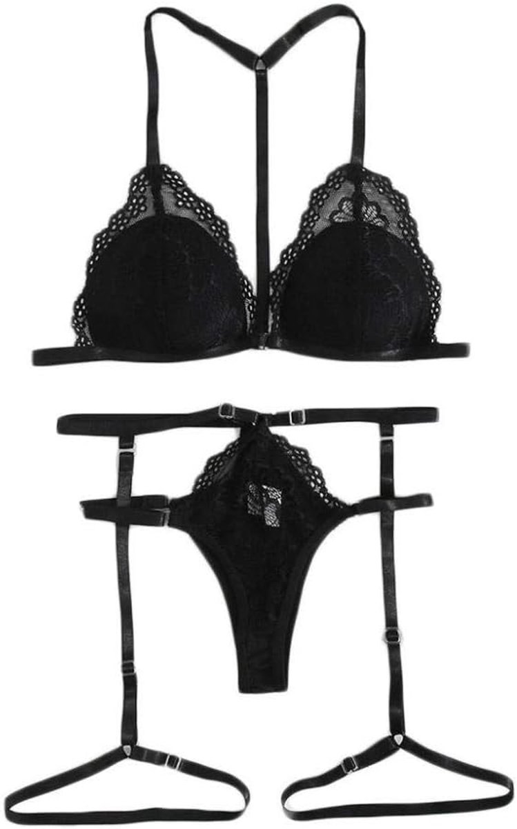 3 ST Vrouwen Kant Erotische Lingerie Bh Kousenband Set Bandage Ondergoed String Verleiding Transparant Sexy Nachtkleding-Black_M