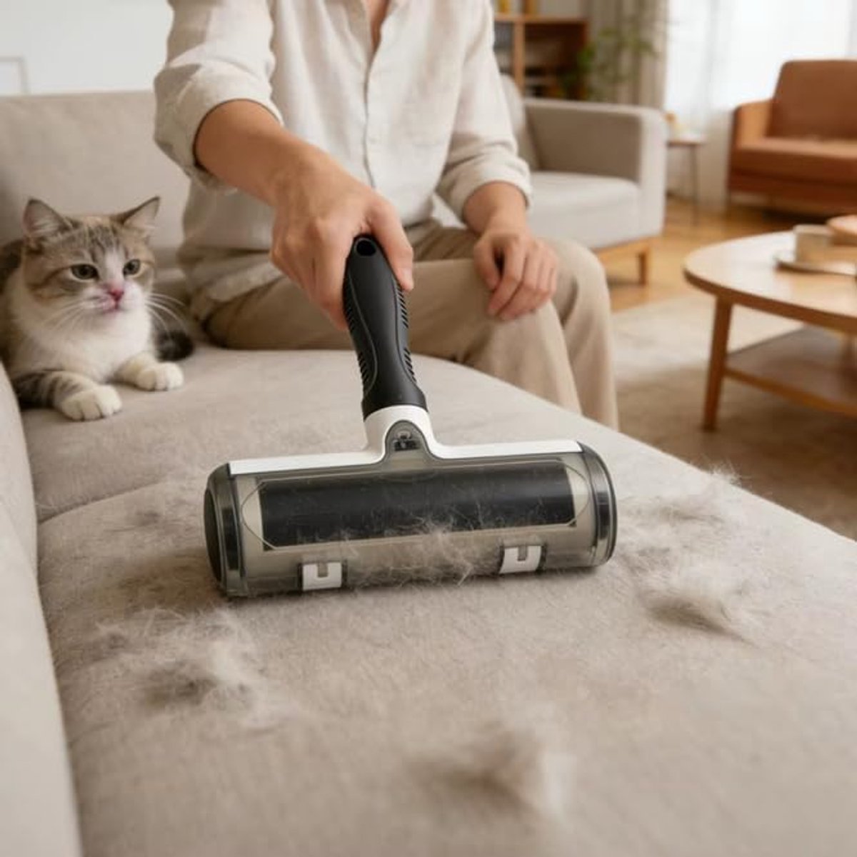 Kattenborstel met elektrostatische absorptie, zelfreinigende pluisroller voor dierenharen, wasbaar, met groot stofvak