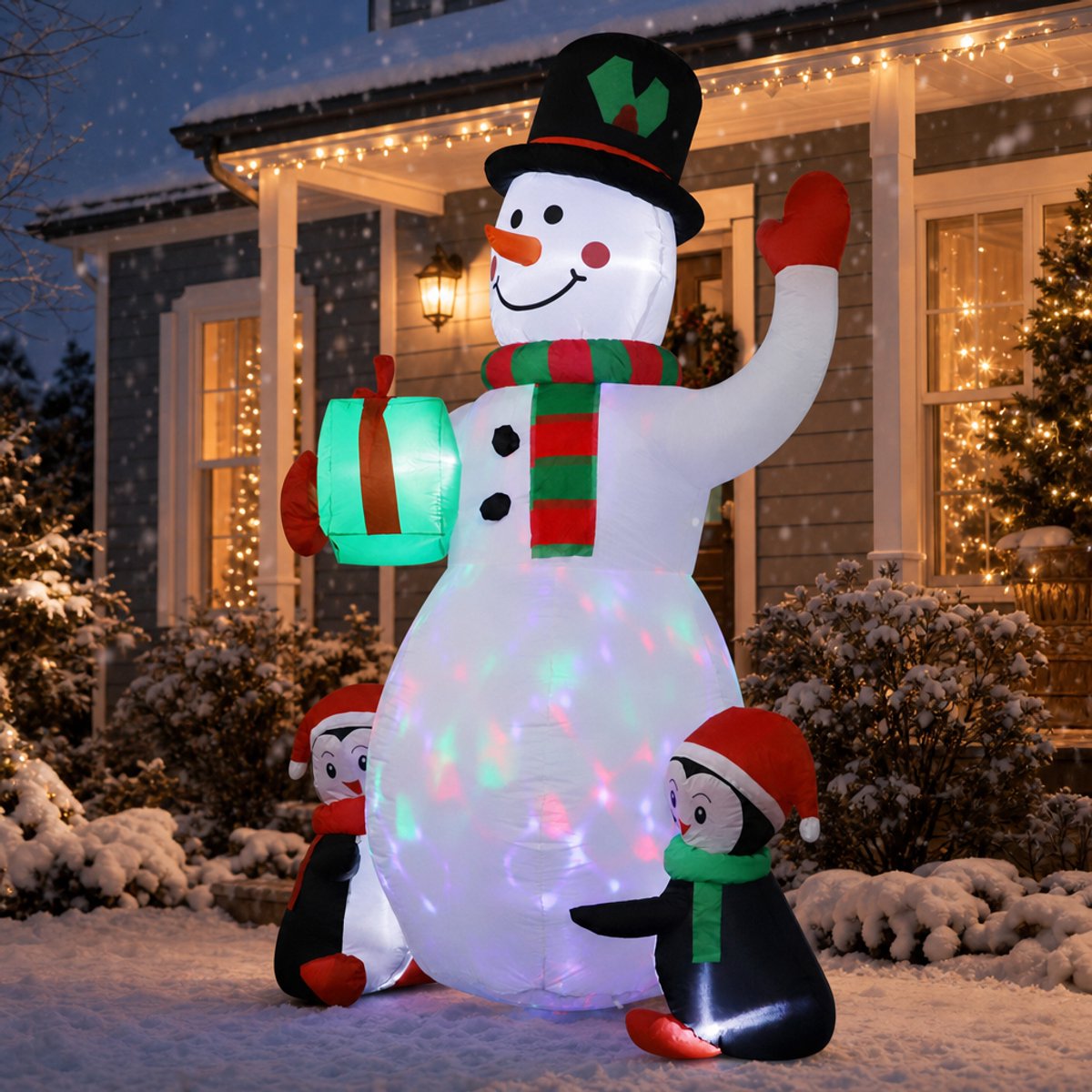 Opblaasbare sneeuwpop met 2 elfjes en cadeau - 180 cm hoog - met gekleurde LED-verlichting - kerstdecoratie voor tuin & buiten - incl. grondpennen