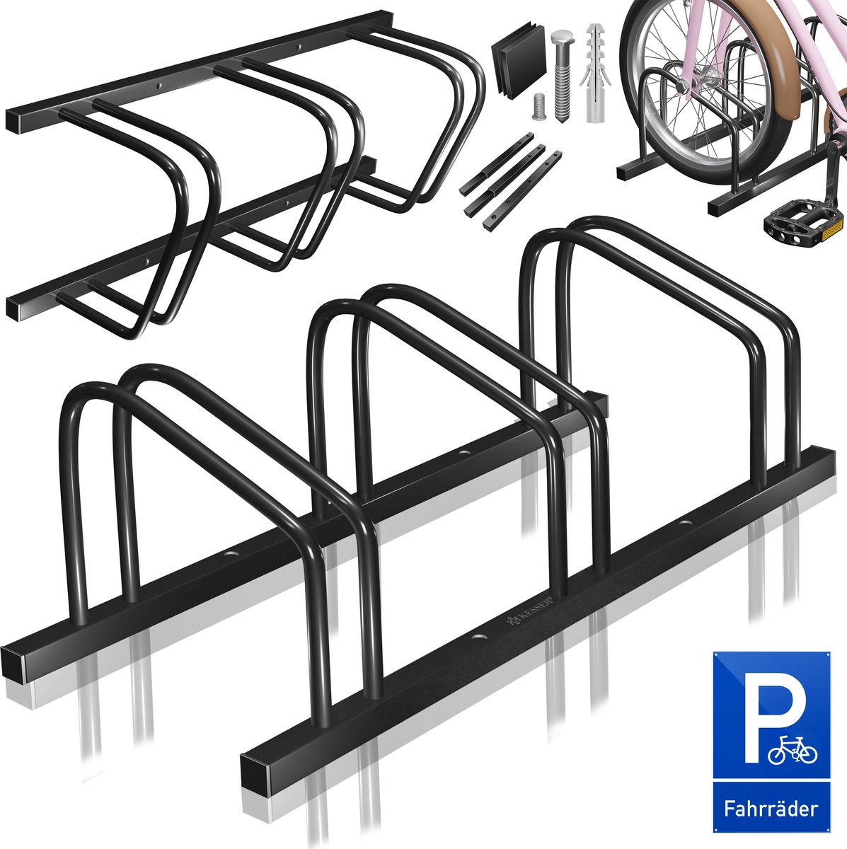 KESSER® Fietsenstandaard met parkeerbord - 37 cm wielafstand - Vloer- of wandmontage - 3 fietsen - Zwart
