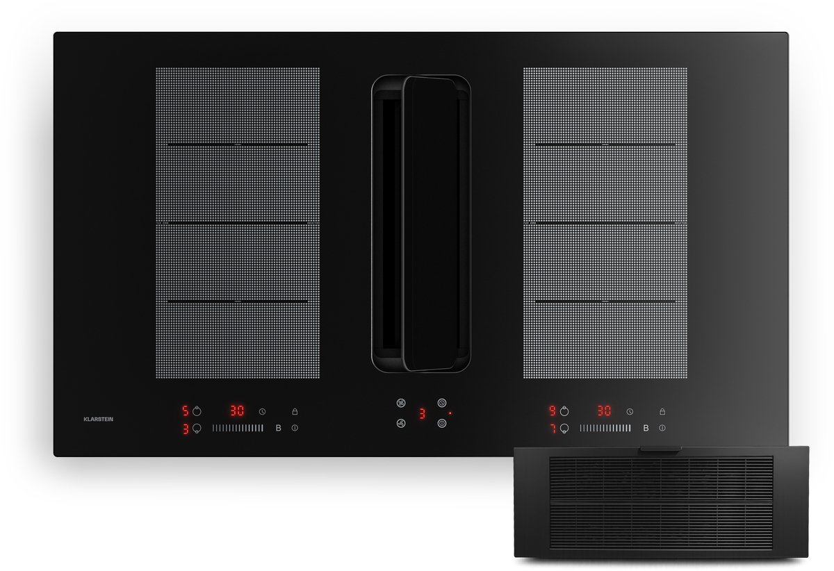 Klarstein ChefFusion inductiekookplaat met afzuiging 90 cm – 4 kookzones, 7200 W, 504,3 m³/u, flexibele kookzones, recirculatie & afvoer