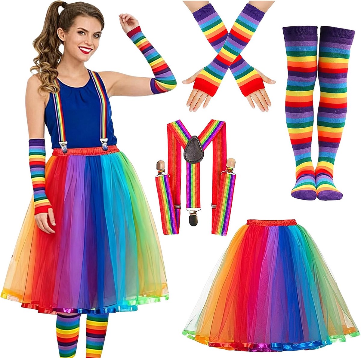 Regenboogkostuum voor dames, kleurrijk, tule rok, regenboog, haarband, bretels, sokken, rockabilly-kostuum, jaren '50, carnaval, Halloween, kostuum voor dames en heren