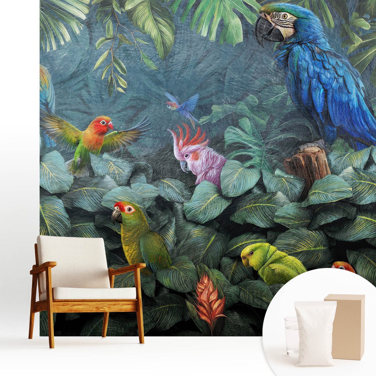 Wallfluent Fotobehang - Groente Vliesbehang - 250x250 cm - Exotische Jungle Fotobehang Vlies - Woonkamer behang Dieren - Muurschildering - Woonkamer behang