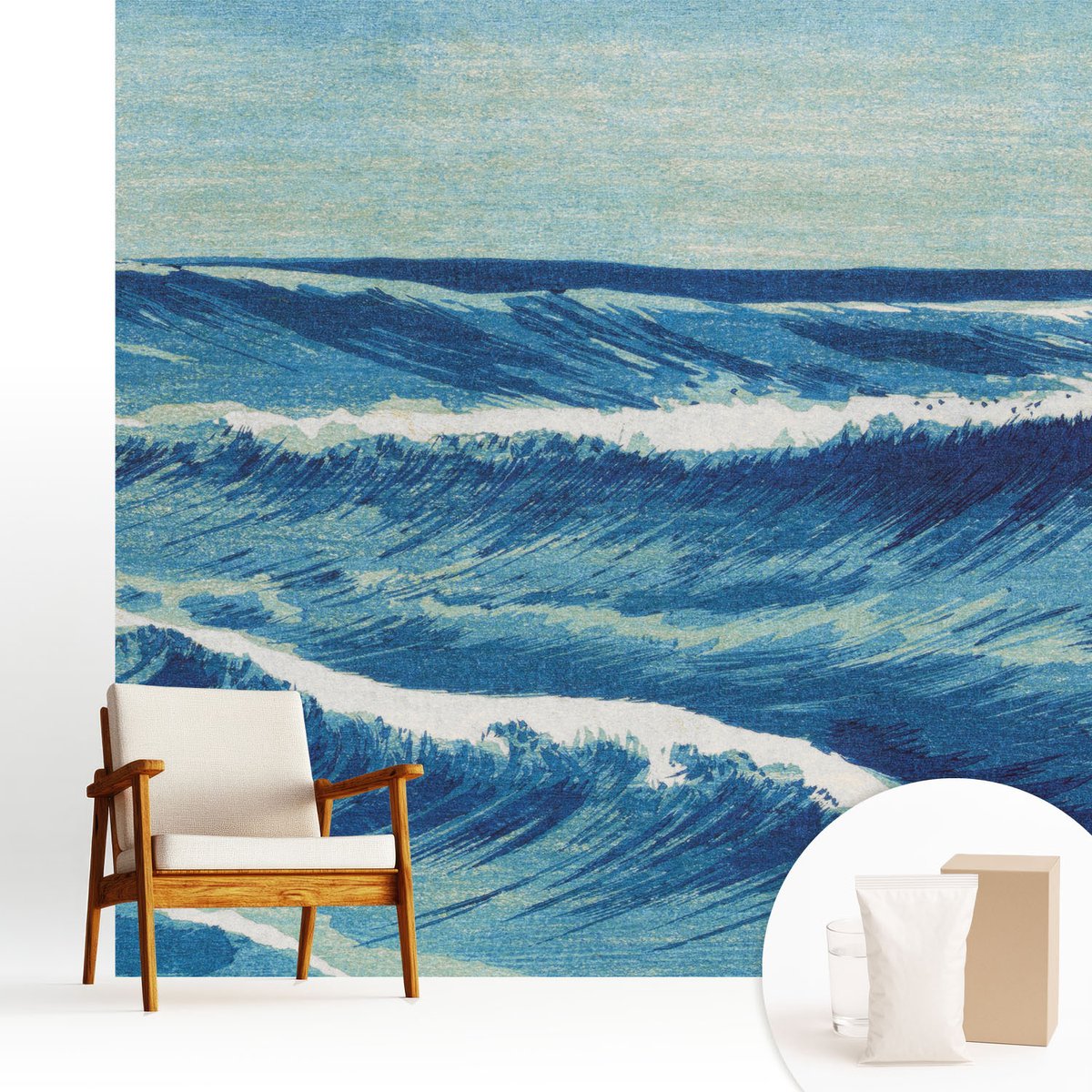 Wallfluent Fotobehang - Blauw Vliesbehang - 250x250 cm - Zeegolven Fotobehang Vlies - Woonkamer behang Landschappen - Muurschildering - Hal behang