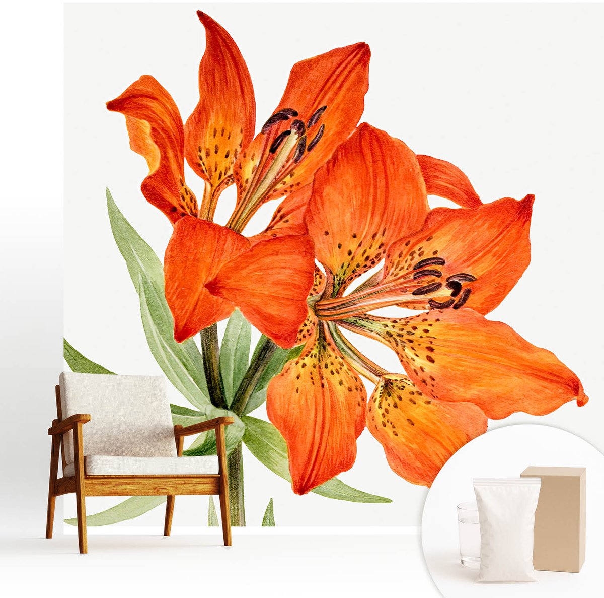 Wallfluent Fotobehang - Oranje Vliesbehang - 250x250 cm - Oranje Lelie Fotobehang Vlies - Woonkamer behang Bloemen En Planten - Muurschildering - Woonkamer behang