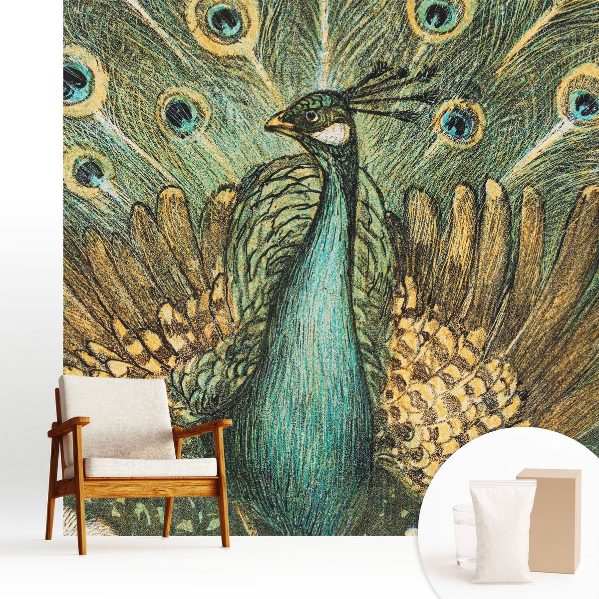 Wallfluent Fotobehang - Groente Vliesbehang - 250x250 cm - Majestueuze Pauw Fotobehang Vlies - Woonkamer behang Dieren - Muurschildering - Hal behang