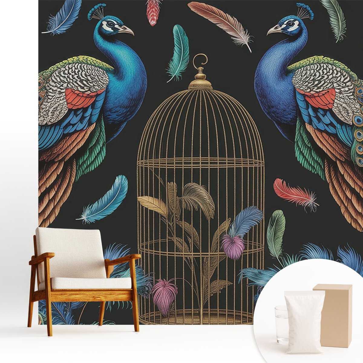 Wallfluent Fotobehang - Wit Vliesbehang - 250x250 cm - Exotische Pauwen Muurschildering - Gang behang Dieren - Fotobehang Vlies - Slaapkamer behang