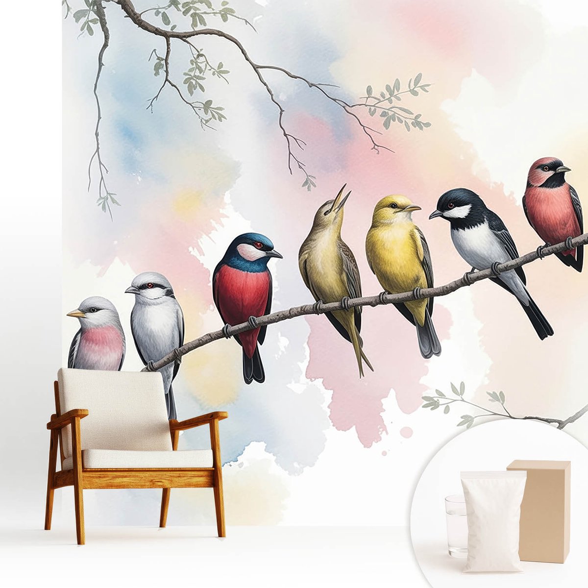 Wallfluent Fotobehang - Wit Vliesbehang - 250x250 cm - Vogels Op Een Tak Fotobehang Vlies - Woonkamer behang Bloemen En Planten - Muurschildering - Hal behang