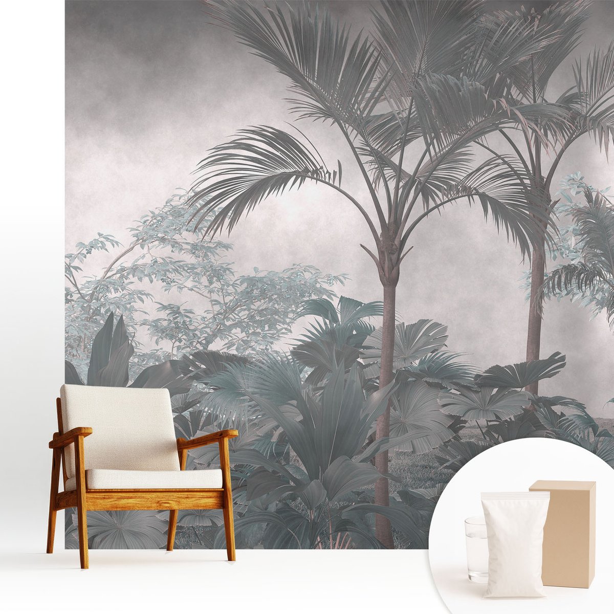 Wallfluent Fotobehang - Grijs Vliesbehang - 250x250 cm - Exotische Natuur Muurschildering - Slaapkamer behang Bloemen En Planten - Fotobehang Vlies - Slaapkamer behang
