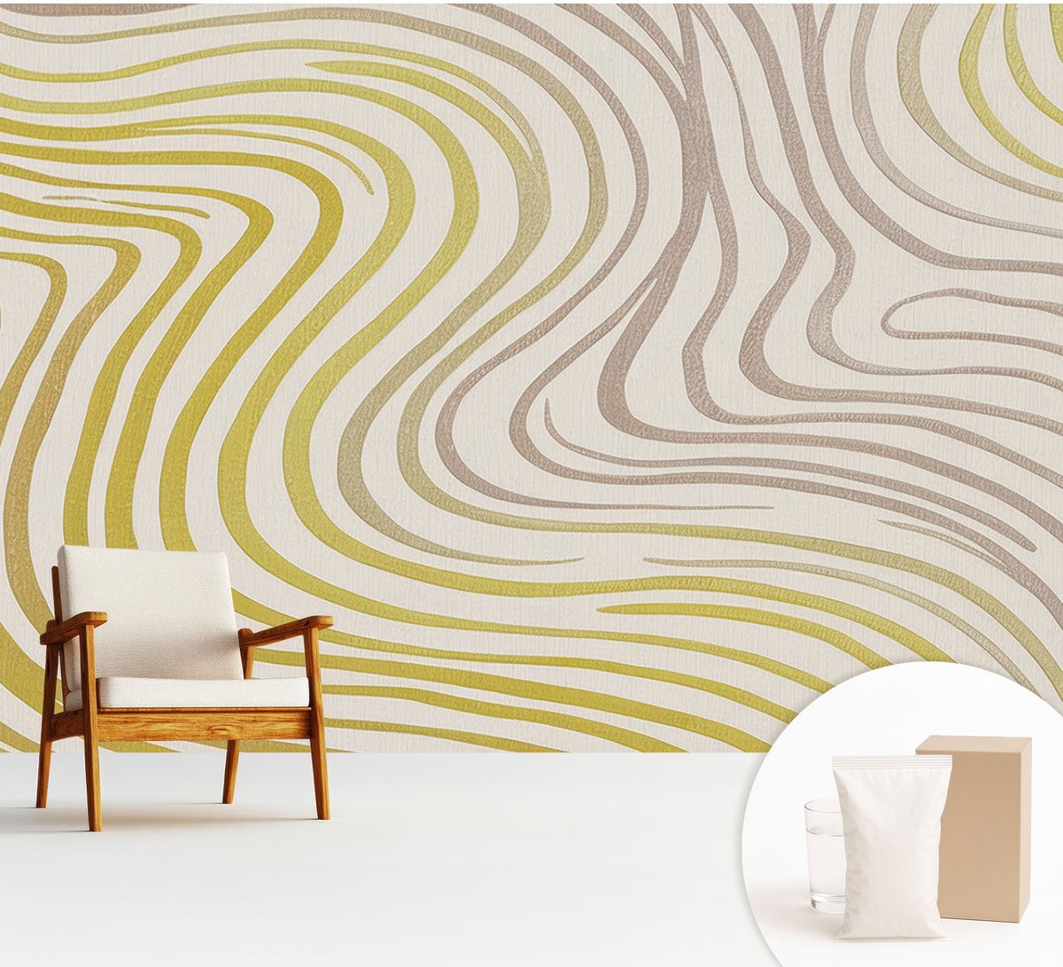Wallfluent Fotobehang - Geel Vliesbehang - 312x219 cm - Vloeibare Elegantie Muurschildering - Slaapkamer behang Achtergronden En Patronen - Fotobehang Vlies - Slaapkamer behang